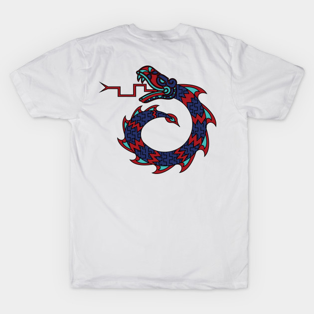 Mexican Snake Dragon Design Red, Blue and Turquoise T-Shirt by JDP Designs